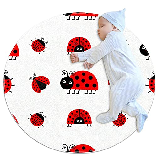 Dekorativer Teppich für Kinder Weißer roter Marienkäfer Netter weicher runder Teppich, geeignet für Kinderzimmer, Spielzimmer, Kinderzimmer 80x80cm