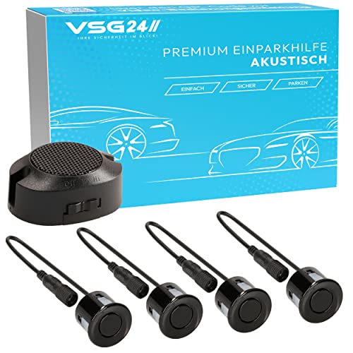 VSG24 Premium Einparkhilfe hinten zum nachrüsten am Auto, PDC Parksensoren hinten mit Stecksystem für einfachste Montage Rückfahrwarner mit Lautsprecher & 4 Sensoren Parkhilfe Nachrüstsatz Schwarz