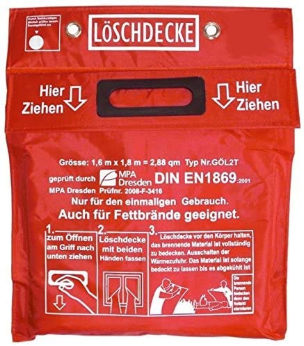 Original Löschdecke Funkenschutz Geprüft MPA Dresden nach DIN EN 1869:2001 1,60 x 1,80 m (auch für Fettbrände) Funkenschutz rote Tasche Klettverschluß 2 Ösen weißem Hitzebeständigem
