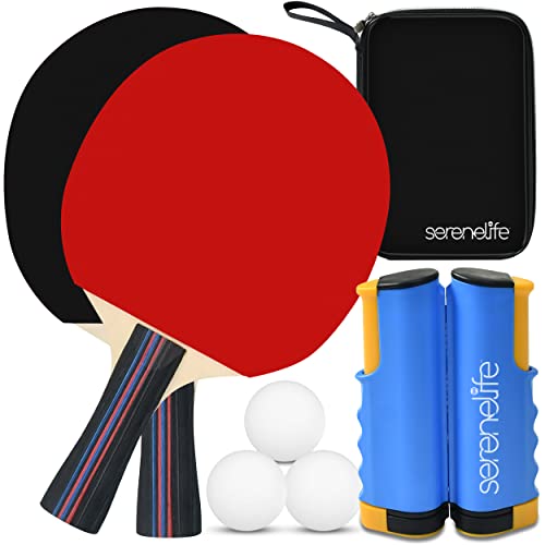 SereneLife Tragbares Tischtennis-Set – Indoor-, Outdoor- und Tisch-Sportspielzubehör mit einziehbarem Netz mit verstellbaren Klemmen, Paddeln, Bällen und Tragetasche, 2 Spieler