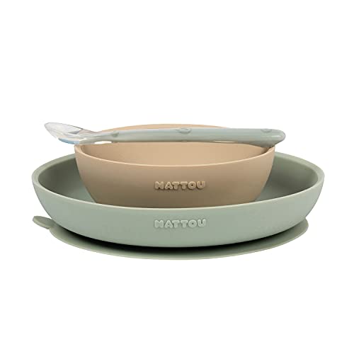 Nattou Silikon-Geschirr für Kinder, 3-tlg, 1 Löffel, 1 Teller, 1 Schale, Rutschfest, BPA-frei, Silicon, Beige/Grün