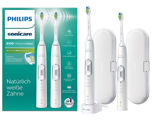 Philips Sonicare ProtectiveClean 6100 Elektrische Zahnbürste HX6877/34, mit Schalltechnologie, Andruckkontrolle, Doppelpack, weiß