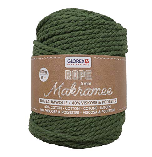 GLOREX 5 1007 15 - Makramee Rope 5 mm, superweiches Textilgarn aus 60 % Baumwolle / 40 % Viskose, zum Häkeln, Stricken, Knüpfen und textilen Gestalten, 500 g, ca. 85 m, gedreht oliv