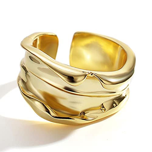 NDYD S925 Sterling Silber Handgemachter Breiter Konvexer Bandring, Handgemachter Gold Gefüllter Gehämmerter Ring, Einfacher Klassischer Minimalistischer Daumenring, Geschenk Für Sie,Gold