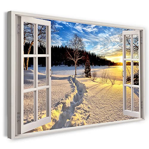 Printistico Leinwandbild (80x60cm) Fensterblick - Winter Landschaft Schnee Natur Wald Sonnenaufgang - Natur-Fotografie, echter Holz-Keilrahmen inkl. Aufhänger, handgefertigt in Deutschland