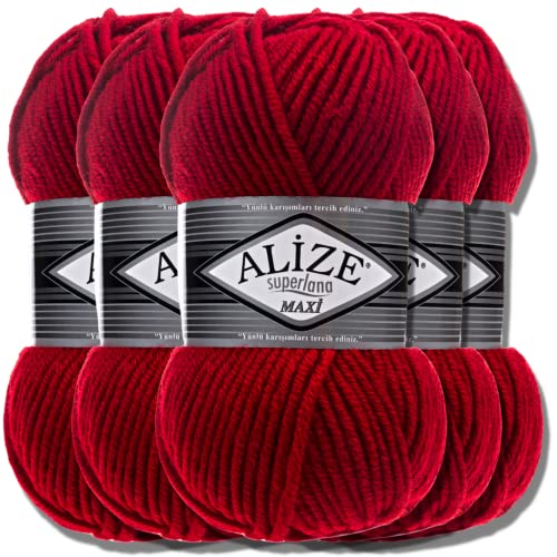 Alize 5 x 100g Superlana Maxi Türkische Premium Wolle Baumwolle und Acryl Uni Handstrickgarne | Yarn | Garn | Strickgarn Einfarbig Baby zum Häkeln Stricken Kleidung Schals (Red | 56)