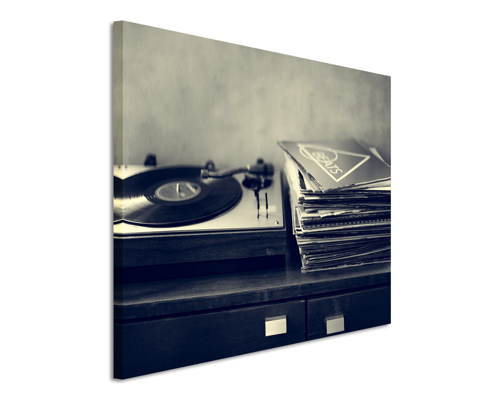 Unique Fotoleinwand 120x80cm Kunstbilder – Schallplattenspieler und Vinyl schwarz weiß
