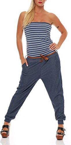 Malito Damen Einteiler im Marine Design | Overall mit Gürtel | Jumpsuit im Jeans Look | Romper - Playsuit - Bandeau 9650 (Jeansblau)