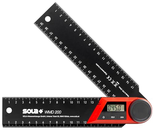 SOLA WMD 200 - Digitaler Winkelmesser - Länge 200 mm - Anschlagwinkel mit LCD Anzeige für exakte Winkelmessungen - Schreinerwinkel digital - Winkelmesser mit Lineal für Metall- und Holzbearbeitung