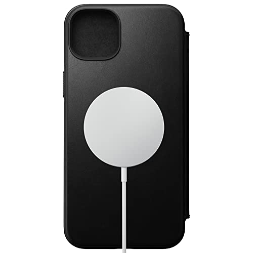 Nomad Moderne Leder-Folio-Schutzhülle für iPhone 14 Plus, Schwarz Leder Wallet Case Flip Case, 3 Kartenfächer, Schutzumper, Mag Safe & Wireless Charging