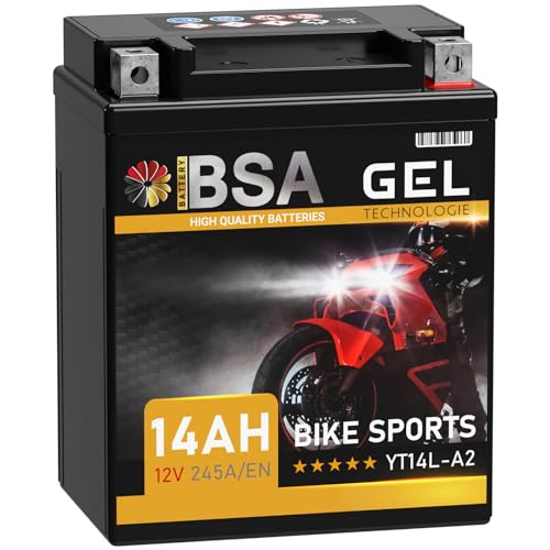 BSA YT14L-A2 GEL Roller Batterie 12V 14Ah 245A/EN Motorradbatterie doppelte Lebensdauer entspricht 51411 12N14-3A FB14L-A2 YB14L-A2 vorgeladen auslaufsicher wartungsfrei