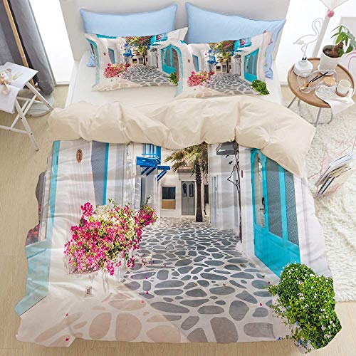 Yaoni 3 Stück Bettwäsche-Set, schöne Architektur Gebäude außen mit Santorini und Griechenland Stil - Vintage Lichtfilter, Moderne Bettbezug Set mit 2 Pillow Shams weiche Mikrofaser