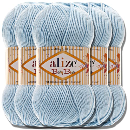 Alize 5x 100g Baby Best Türkische Premium Wolle aus Baumwolle und Acryl Uni Handstrickgarne | Yarn | Garn | Strickgarn Babywolle Einfarbig Baby zum Häkeln Stricken Schals (Blue | 40)