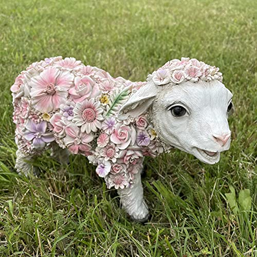 Gartenfiguren süsses Schaf mit Blumen verziert - Gartenfigur Lamm Deko für außen Tiere groß (Schaf stehend)