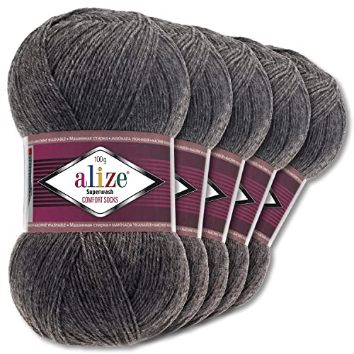 Wohnkult Alize 5x100g Superwash Comfort Sockenwolle 33 Farben zur Auswahl EIN-/Mehrfarbig (182 | Dunkelgrau Melange)