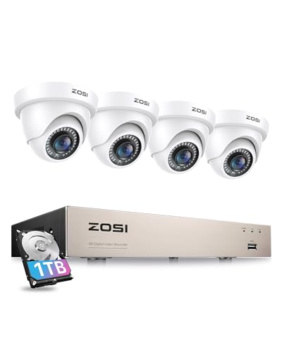 ZOSI Outdoor 1080P HD Überwachungskamera Set 8CH 1080N DVR Recorder mit 4 1080P Außen Weiß Dome Kamera CCTV System für Innen und Außen, 1TB Festplatte, 20M IR Nachtsicht