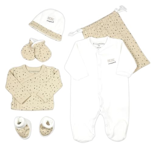 KINOUSSES - Baby Craquant Set – 6-teilig (Pyjama, Body, Mütze, Schuhe, Fäustlinge und Aufbewahrungstasche) – Mädchen, Jungen, Unisex – Velours – 1 Monat