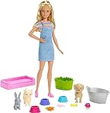 Barbie FXH11 - Badespaß Tiere & Puppe mit Blonder Puppe, 3 Tieren mit Farbwechsel-Funktion (Hündchen, Kätzchen und Häschen) sowie 10 Zubehörteilen, Geschenk für Kinder von 3 bis 7 Jahren