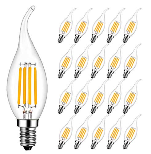 E14 Kerze LED Lampe für Kronleuchter, RANBOO, E14 Glühfaden Retrofit Classic, 4W ersetzt 40 Watt, 400 Lumen, 2700K Warmweiß, Filament Fadenlampe, Glas, nicht dimmbar, 20er Pack