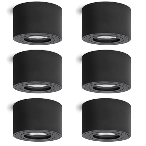 linovum 6 Stück Aufbauleuchte SMOL-W flach IP44 in matt schwarz & rund - Decken Aufbaulstrahler mit Ø 80 mm inkl. 5W LED Leuchtmittel neutralweiß