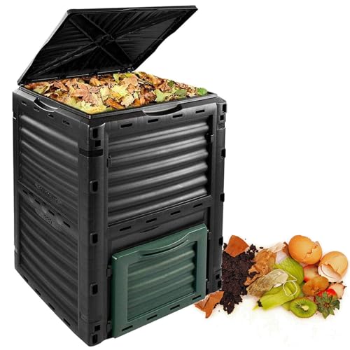 Garten-Kompostbehälter, Lebensmittelabfall-Kompostfass mit 300 l großem Fassungsvermögen, Gärungszyklus 2–3 Monate, UV-beständige PP-Belüftungen, Klappdeckel, Recycling-Boden