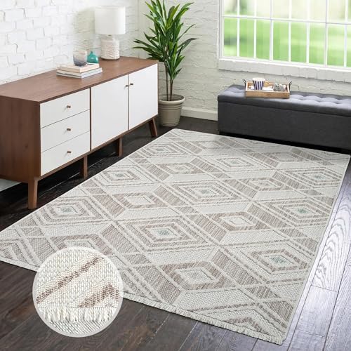 carpet city Teppich Kurzflor Wohnzimmer - Beige, Grün - 160x230 cm - Teppiche Fransen Boho-Style - Rauten-Muster - Schlafzimmer, Esszimmer