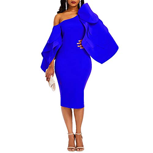 VERWIN Figurbetontes Kleid für Damen, lange Ärmel, knielang, Rüschenärmel, schulterfrei, Abendkleid Gr. Medium, blau