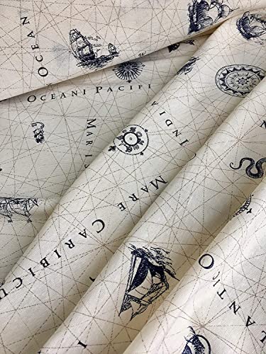LushFabric Stoff mit nautischem Schiffskarte – Ocean Anchor Kompass Design Textil – Schneidern, Vorhänge, Leichter Polsterstoff, 140 cm breit, 2 m