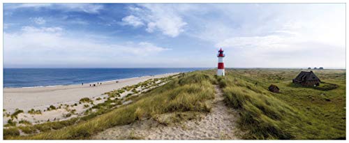 Wallario Glasbild Am Strand von Sylt Leuchtturm auf der Düne Panorama - 32 x 80 cm Wandbilder Glas in Premium-Qualität: Brillante Farben, freischwebende Optik