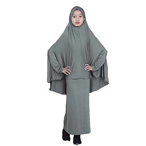 BaronHong Muslim Islamisches Mädchen Abaya Jilbab Kleid in voller Länge + Rock Zweiteiler (grau, L)