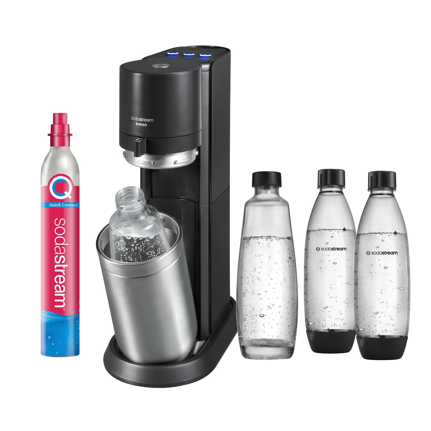 SodaStream E-Duo, Elektrischer Wassersprudler mit CO2-Zylinder, Glasflasche und 2X 1L spülmaschinenfeste Kunststoff-Flasche, Höhe: 44cm, Farbe: Titan