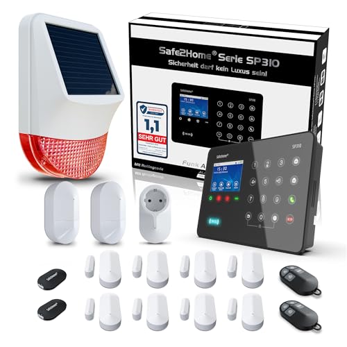 Safe2Home® Funk Alarmanlage Komplett Set SP310 Profi - Solar Sirene - Rolling Code - wechselnde Frequenz deutsch GSM Alarmsystem - SMS Alarmierung - Alarmanlagen fürs Haus Büro