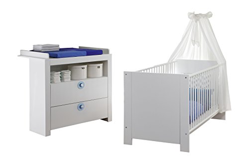 trendteam smart living BZO Babyzimmer Set 2-teilig Kinderzimmer Kombination | Weiß | Inkl. Filzapplikationen blau