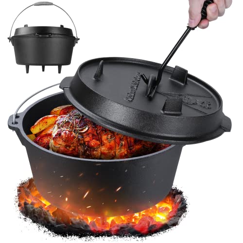 Dutch Oven Set 7.4 Liter, Dutch Oven, Dickem Gusseisen Kochtopf, BBQ Feuertopf, Dutch-Oven mit Füßen, inkl. Deckelheber Spiralförmiger Henkel, für Kochen Braten Backen Indoor Oudoor Camping Abenteuer