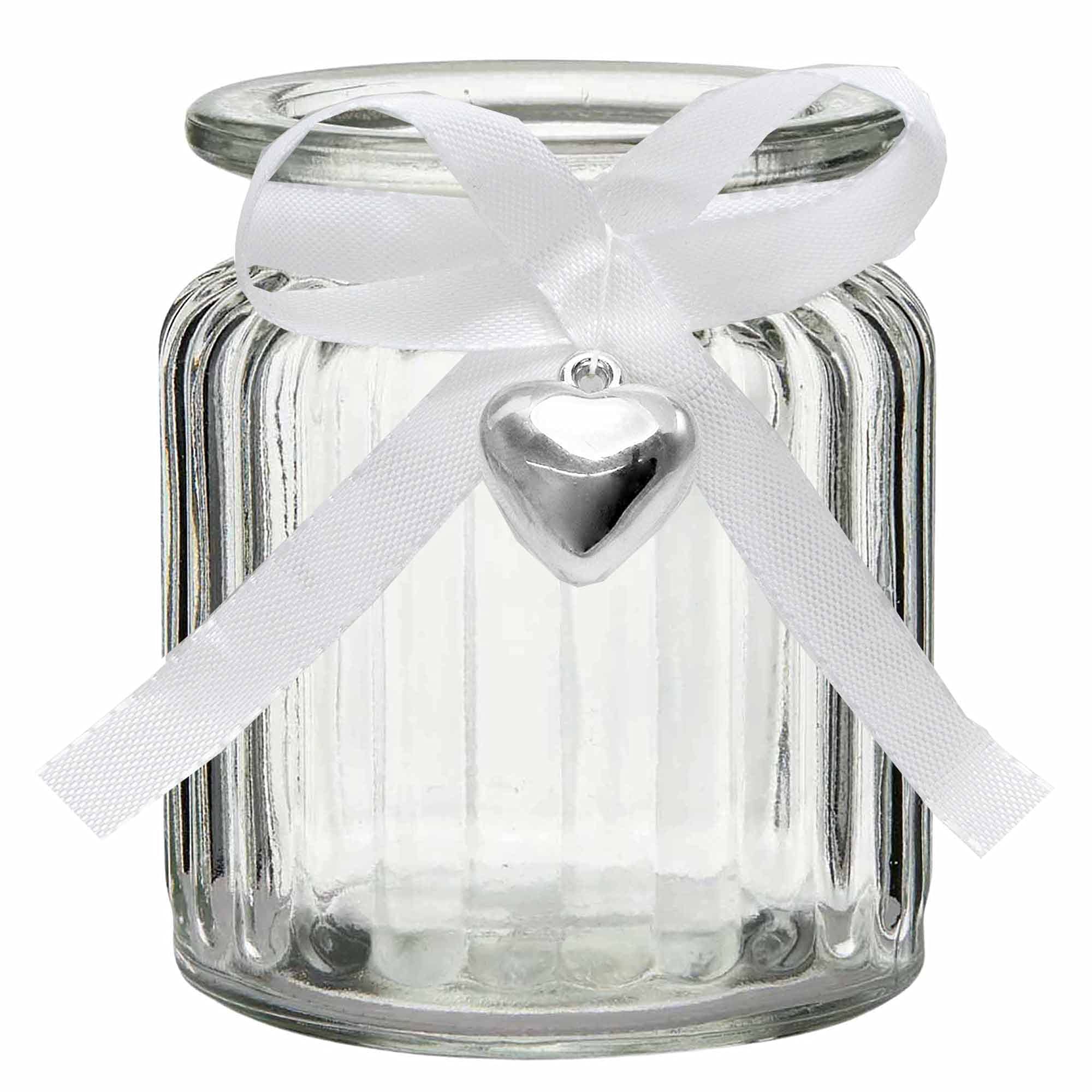 12 x Windlichter Jana aus Glas H 9 cm inkl. Dekoband + 12 Herzen mit Öse zum Verzieren - Teelichtgläser Vase - Glaswindlichter