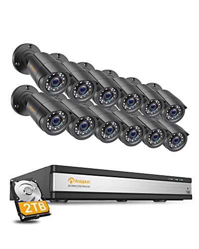 Anlapus 12x 1080P Outdoor CCTV Überwachungskamera Set mit 16CH 1080P H.265+ DVR 2TB Festplatte für Sicherheit Videoüberwachung