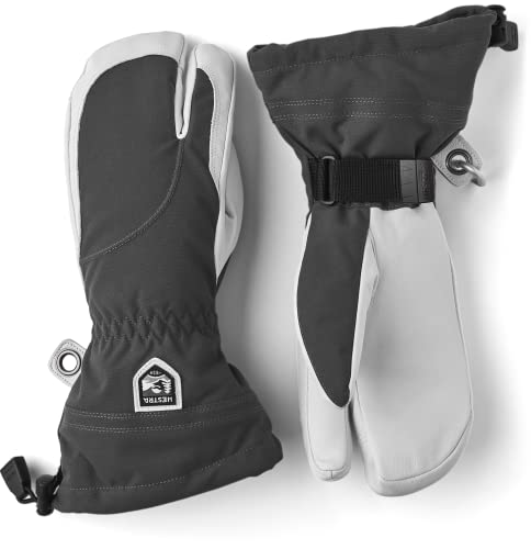 Hestra Heli Skihandschuhe für Damen, klassischer 3-Finger-Leder-Schnee-Handschuh für Skifahren, Snowboarden und Bergsteigen (Damenpassform) – Grau/Offwhite – 9