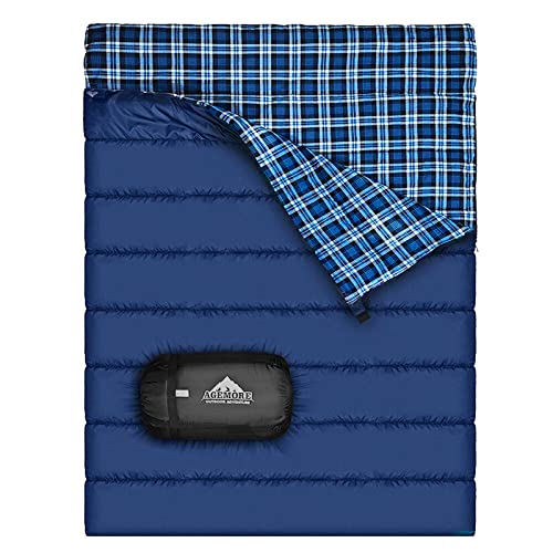 Baumwollflanell-Doppelschlafsack für Camping, Wandern oder Wandern. Queen Size 2 Person wasserdichte Schlafsack für Erwachsene oder Jugendliche. LKW, Zelt oder Schlafsack, Leichtgewicht (Blau/Blau)