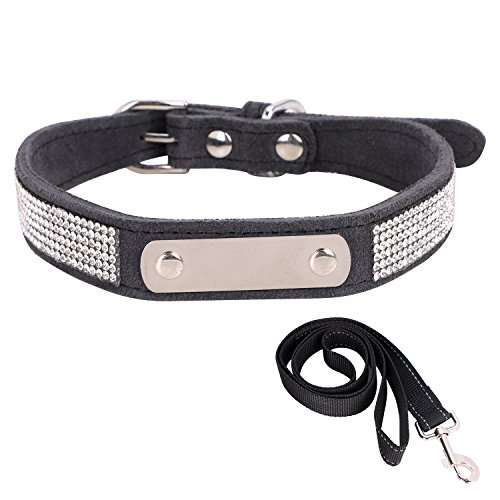 ITODA Leder Halsband mit Edelstahl ID Marke für Hunde Personalisierter Hundehalsband mit D-Ring und Hundeleine im Set Halsband mit Name Gravur für Alltagsleben Training Schwarz L