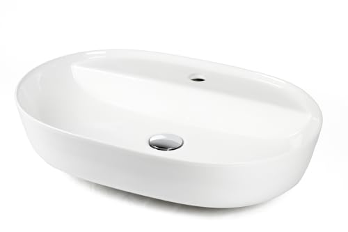 STABILO Sanitaer Keramik Aufsatz Waschbecken Oval 60 × 42 cm Anschlußset weiß Gästewaschbecken oval mit Ablage