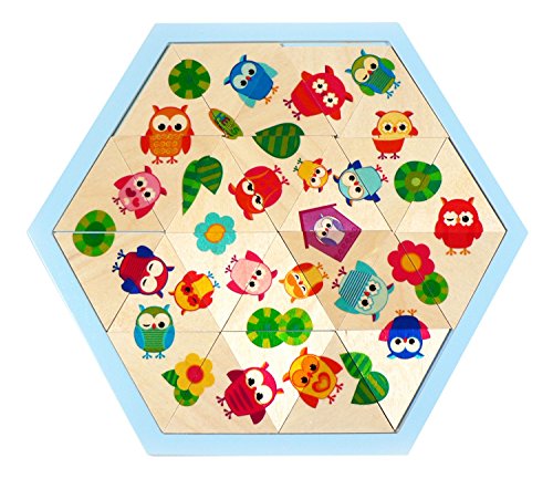 Hess Holzspielzeug 14901 - Mosaik-Legespiel aus Holz in sechseckiger Form mit 24 Teilen, Serie Eulen, für Kinder ab 3 Jahren, handgefertigt, als Geschenk zum Geburtstag, Weihnachten oder Ostern
