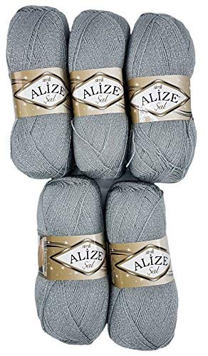 5 x 100 g Alize Glitzerwolle SAL zum Stricken und Häkeln, 500 Gramm Metallic – Wolle (grau 21)