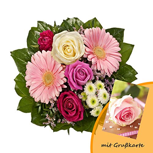 Dominik Blumen und Pflanzen, Blumenstrauß "Tango" aus 3 Rosen, Ranunkel, Chrysantheme und Gerbera und Grußkarte "Rosen"