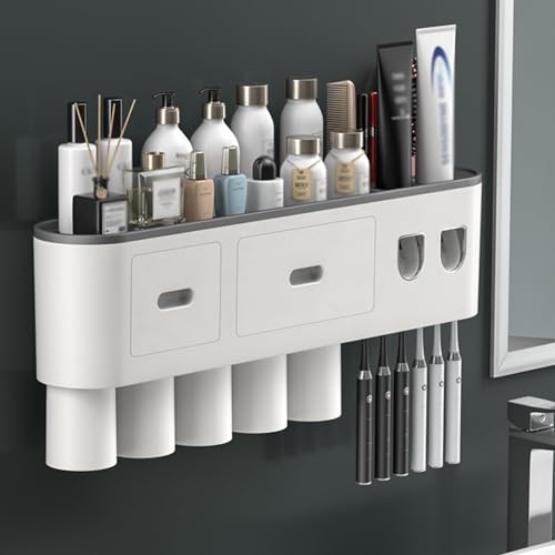 Badezimmer-ZahnbüRstenhalter Mit Zwei Automatischen Zahnpastaspendern, Quetschset, 2/3/4/5 Tassen Wand-ZahnbüRstenhalter, 6 BüRstenschlitze,5cups