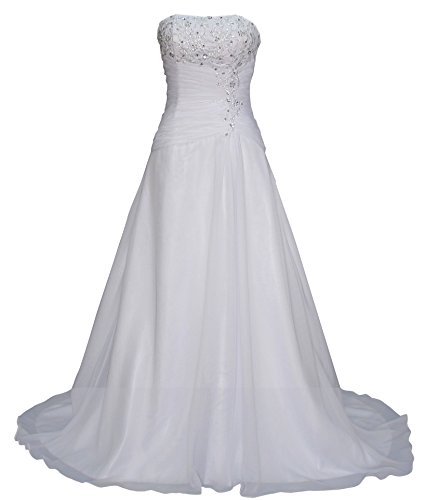 Romantic-Fashion Brautkleid Hochzeitskleid Weiß Modell W074 A-Linie Lang Satin Trägerlos Perlen Pailletten DE Größe 48