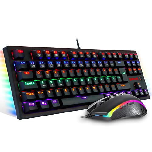 REDRAGON S113 Mechanische Gaming Tastatur Maus Set Regenbogen Beleuchtet mit Braunen Schaltern und RGB-Maus 4200 DPI für PC - DE QWERTZ