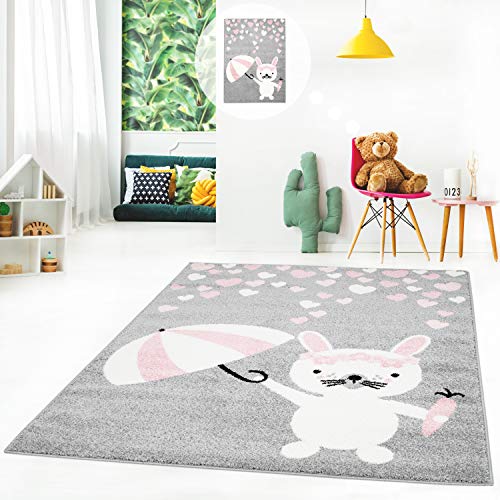 MyShop24h Kinderteppich Teppich Kinderzimmerteppich Spielteppich Flachflor mit Hase, Regenschirm, Herzen in Grau, Rosa, Größe in cm:160 x 225 cm