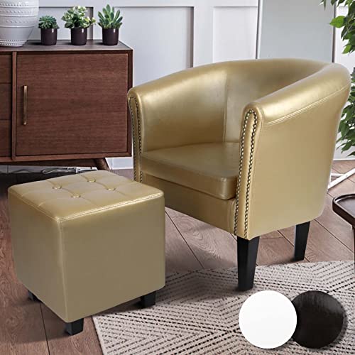 MIADOMODO® Chesterfield Sessel mit Hocker - aus Holz und Kunstleder, Kupfernieten, Farbwahl - Loungesessel inkl. Sitzhocker, Clubsessel, Armsessel, Cocktailsessel, Wohnzimmer Möbel (Gold)