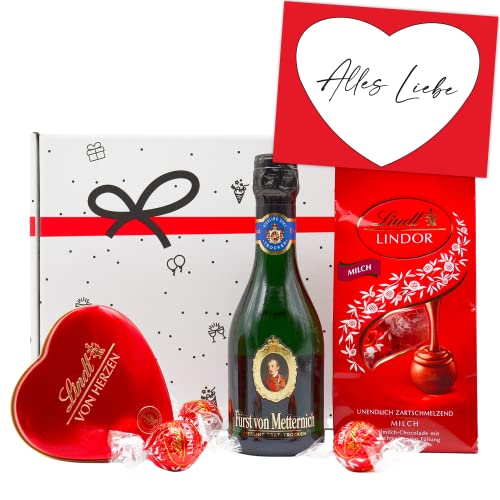 Geschenkset von Herzen | Geschenkkorb mit Lindt Pralinen, Schokolade & Sekt | Süßer Präsentkorb als Dankeschön, Glückwunsch