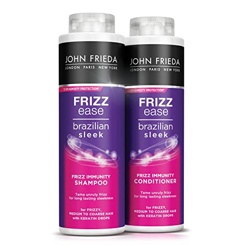 Frizz Ease Brazilian Sleek Frizz Immunity Shampoo & Conditioner Set 2 x 500 ml für krauses, mittelgrobes bis grobes Haar mit Keratin-Tropfen für langanhaltende, glatte Ergebnisse, große Packung